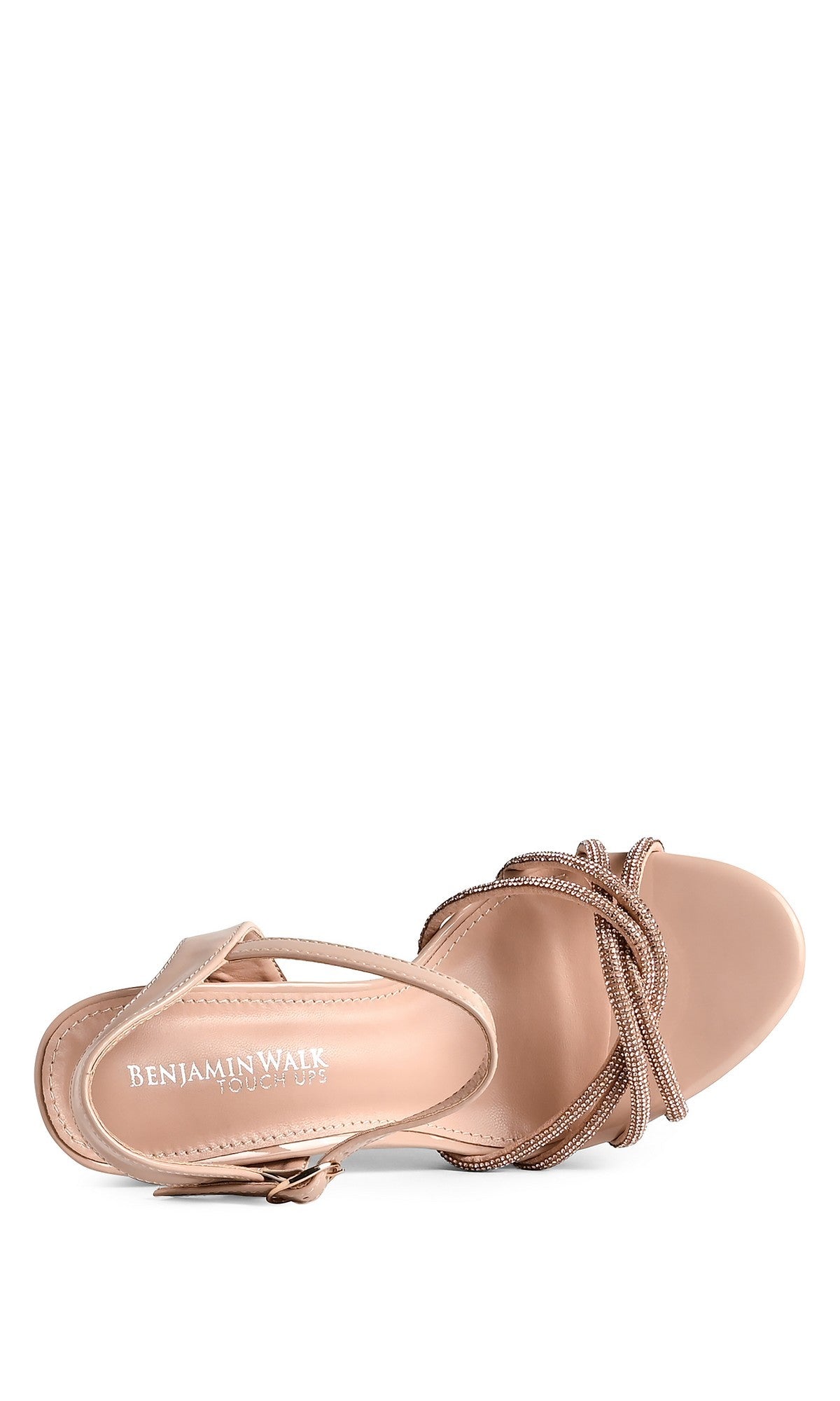 A top view of the Tyler Nude Prom Shoes: Touch Ups 4758, featuring nude open-toe sandals with thin crystal-embellished straps, block heel, and branded insole—perfect for any special occasion.